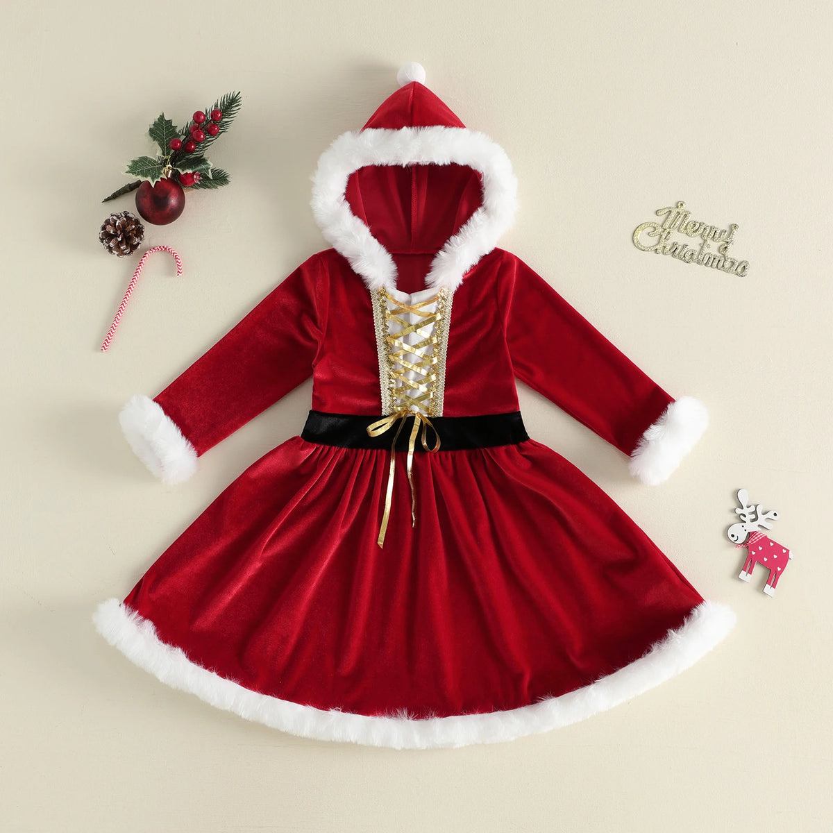 Girl Christmas Hood Dress 1-6Y Toddler Long Sleeves Cross Tie Winter Party Dress