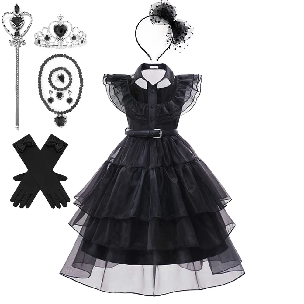 Wednesday Addams Cosplay Costume Girls Black Gothic Dress Sets