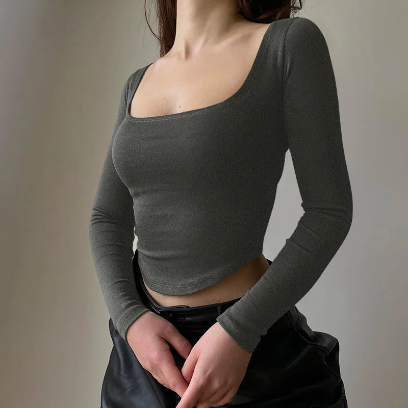 Scooped Long Sleeve Fitted Tees Basics T-Shirts