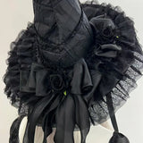 Gothic Witch's Hat Black Ruffled Lace Rose Bow Ribbon Halloween Party Cosplay Costume Props Decor