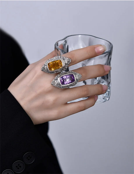 The Gypsy's Lantern S925 Sterling Silver Rings Natural Amethyst Yellow Crystal