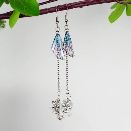 Crescent Moon Fairy Wings Crystal Quartz Dangle Earrings