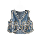 Mardi's Boho Denim Floral Embroidery Vest Top
