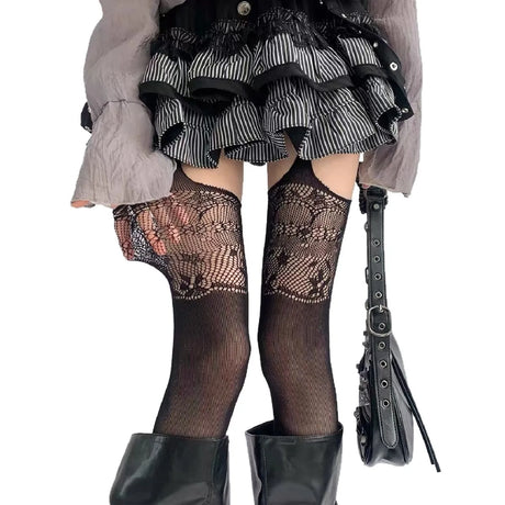 Floral Fishnet Garter Belt Stockings
