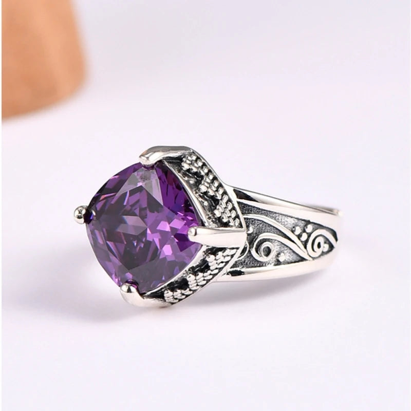 Token of the Wyverns S925 Sterling Silver Ring Ancient Pattern Rhombus Purple Zircon