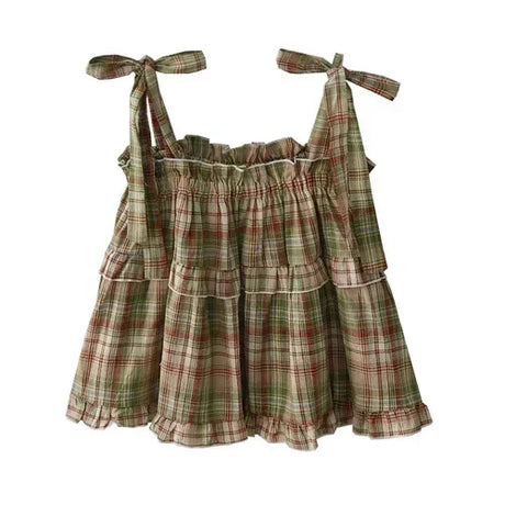 Mushroom Green Plaid Ruffle Top Y2k Goblincore