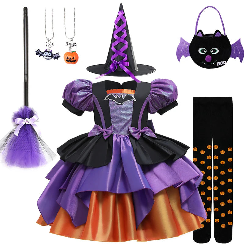 Halloween Bat Cosplay Purple Orange Witch Dress for Girls Children's Costumes