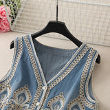 Mardi's Boho Denim Floral Embroidery Vest Top