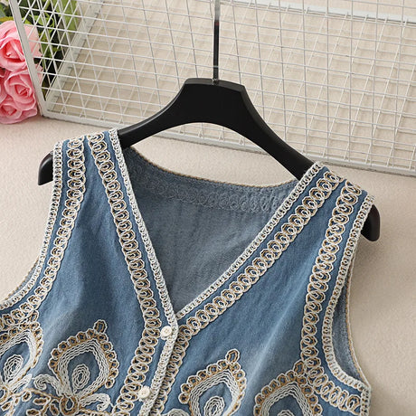Mardi's Boho Denim Floral Embroidery Vest Top