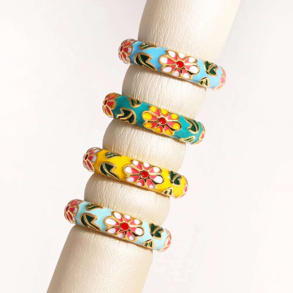 Vintage Boho Colourful Enamel Flower Rings