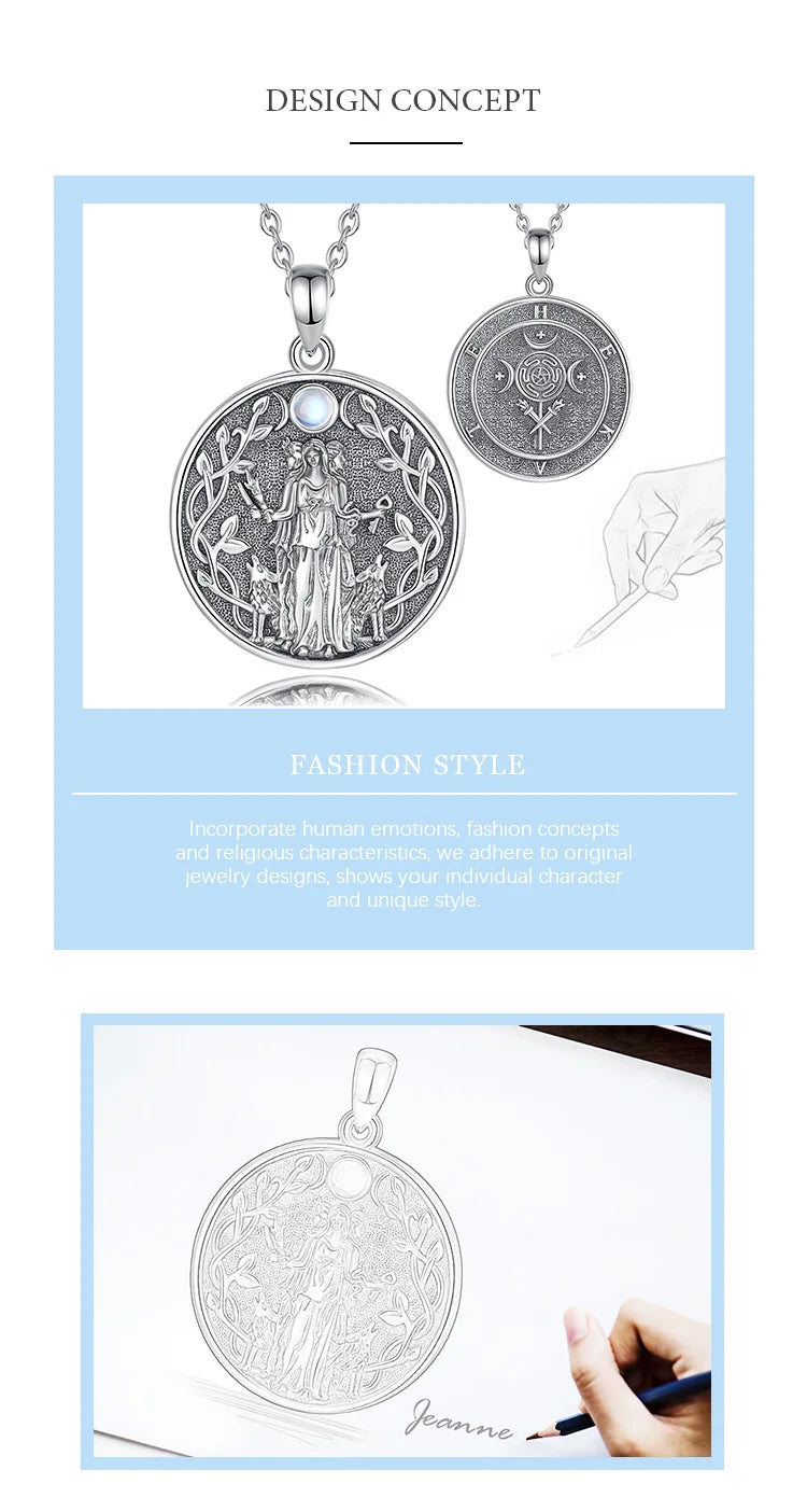 Moonstone Triple Moon Goddess Hecate Dog Amulet Pendant Necklace 925 Sterling Silver