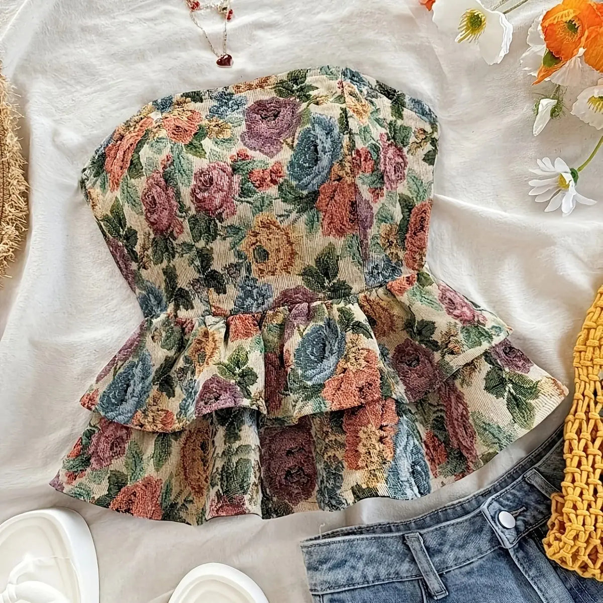 Flower Joy Belted Ruffled Backless Tube Top