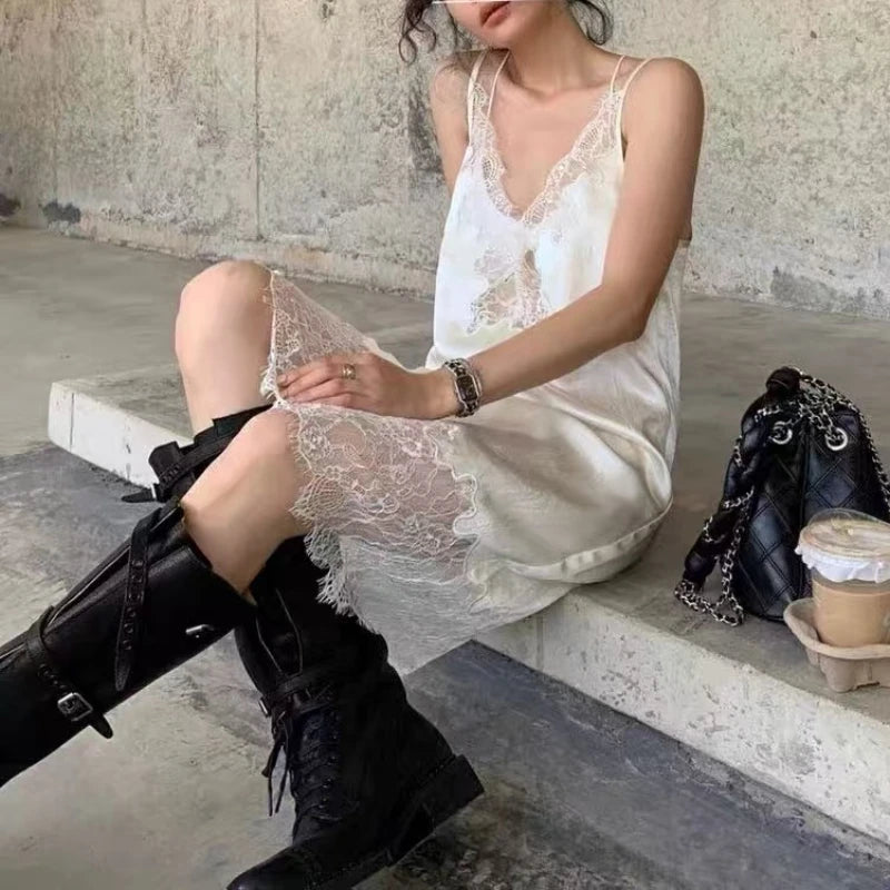90s Lace Slip Dresses Vintage Silky Deep V-neck Dainty Punk Rock Grunge