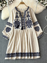 Georgia's Embroidered Boho Cotton Linen Long Sleeves Mini Dress