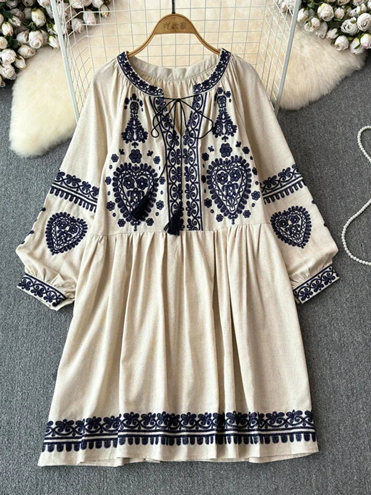 Georgia's Embroidered Boho Cotton Linen Long Sleeves Mini Dress