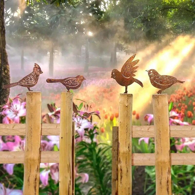 Set of Four Rusty Metal Bird Silhouettes Garden Fence Decor