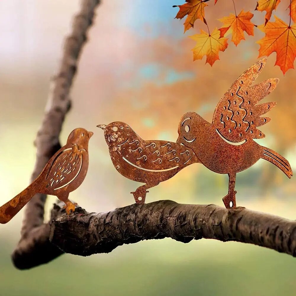 Set of Four Rusty Metal Bird Silhouettes Garden Fence Decor