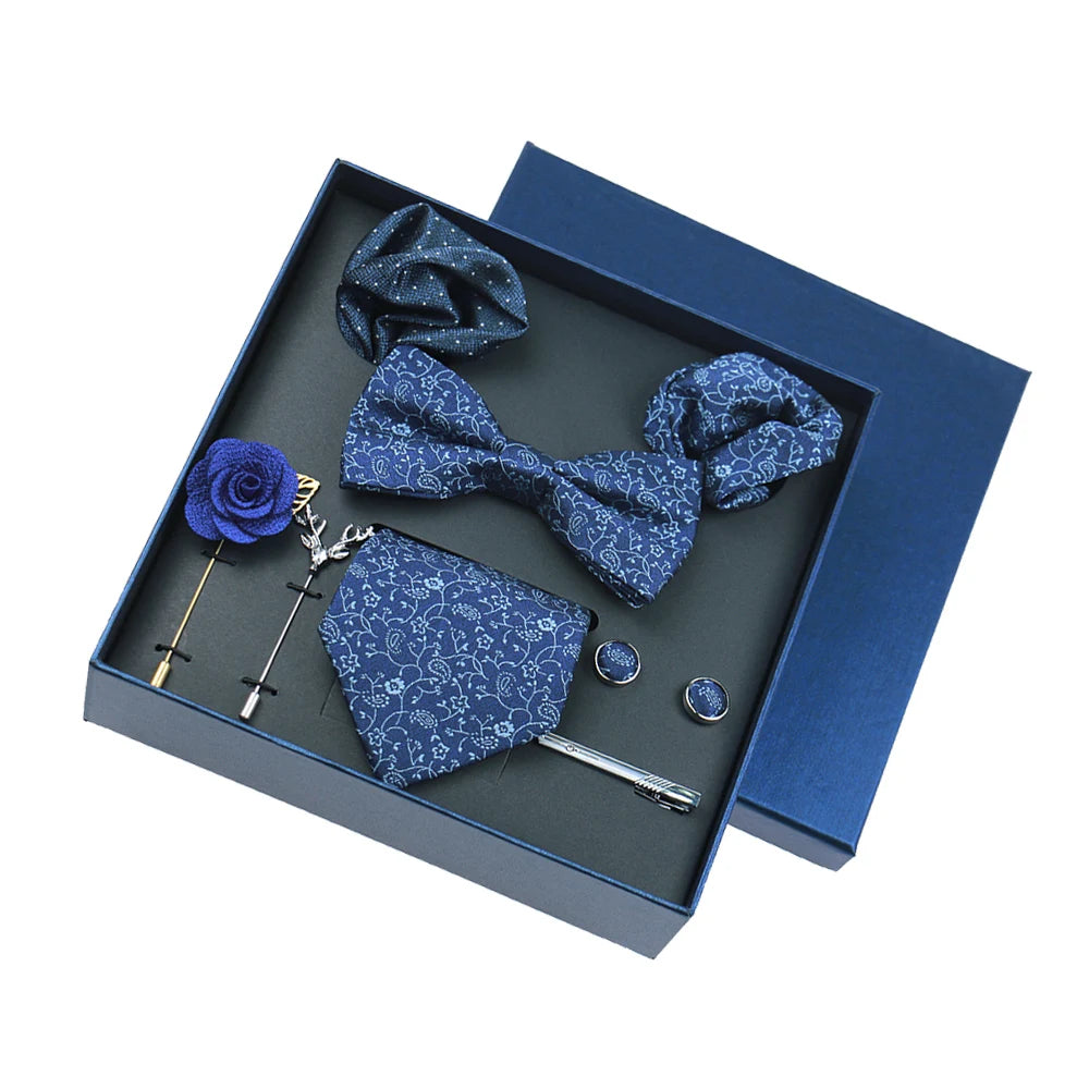 Men's 8pcs Tie Set Wedding Cravat Silk Bowtie Pocket Square Cufflinks Brooch Box Set Gifts For Men