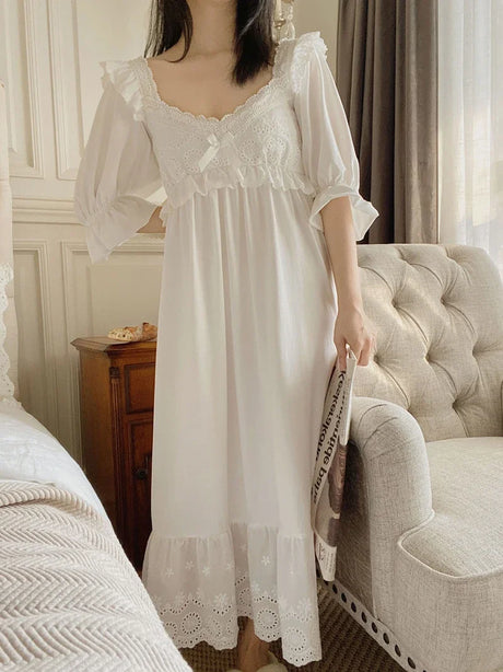 Summer Cotton Women's Sleepwear Antique French Style Lace Nightgown Nightdress