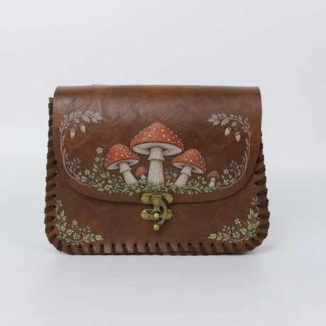 Red Mushroom Print PU Waist Bag Medieval Renaissance Distressed Faux Leather Flip Coin Belt Pouch