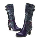 Purple Embossed Dragonfly Genuine Leather Long Boots