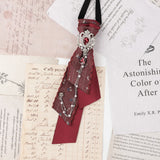 Dark Academia Jabot Plaid Short Necktie Rhinestone Brooch Pearl Chain