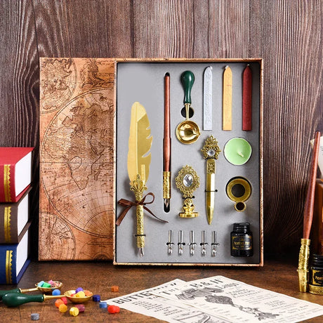 Golden Feather Quill Pens Set Dip Fountain Pens Ink Stationery Writing Gift Box Sets
