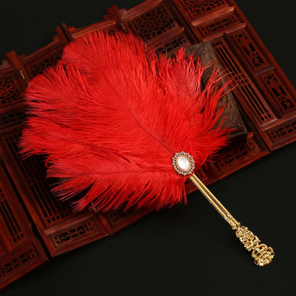 Ostrich Feather Fan Round Fan with Golden Hollow Handle Court Dance Hand Fans