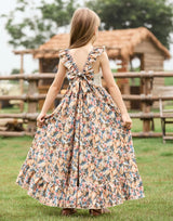 Girls Floral Bow Ruffle Edge Photoshoot Worthy Maxi Dress for 4-12 Years