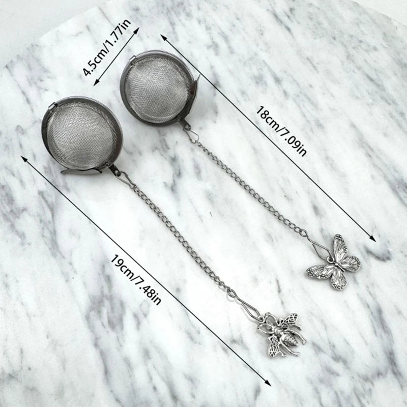 Set of Two Stainless Steel Tea Infusers Butterfly Bee Charm Chain Mesh Ball Tea Strainer
