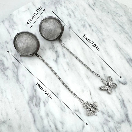 Set of Two Stainless Steel Tea Infusers Butterfly Bee Charm Chain Mesh Ball Tea Strainer