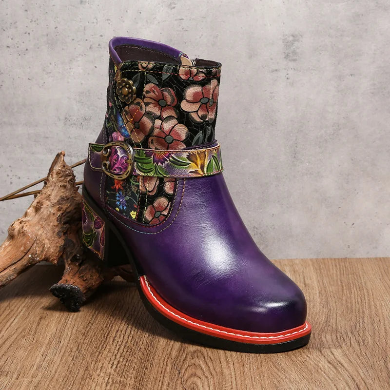 Violet's Floral Boots Genuine Leather Hand-painted Short Boots