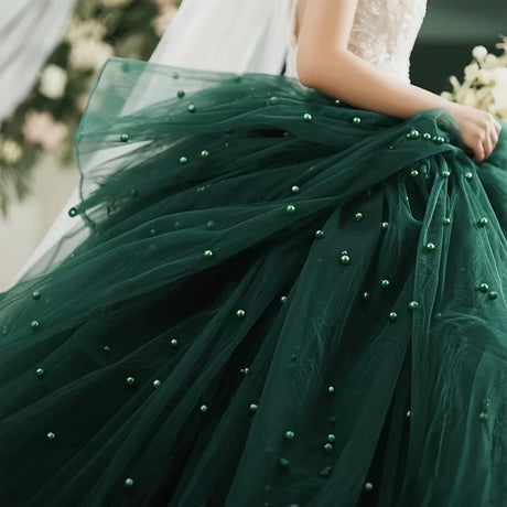 Dark Green Pearl Beaded Tulle Fabric Roll Sheer Gauze for Decorating or DIY Crafts