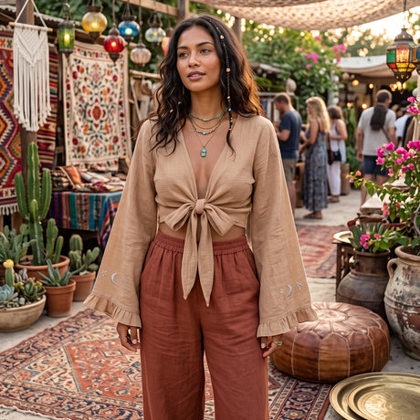 Boho Star Moon Embroidered Short Kimono Wrap Top Ruffled Flare Sleeves Cover-ups