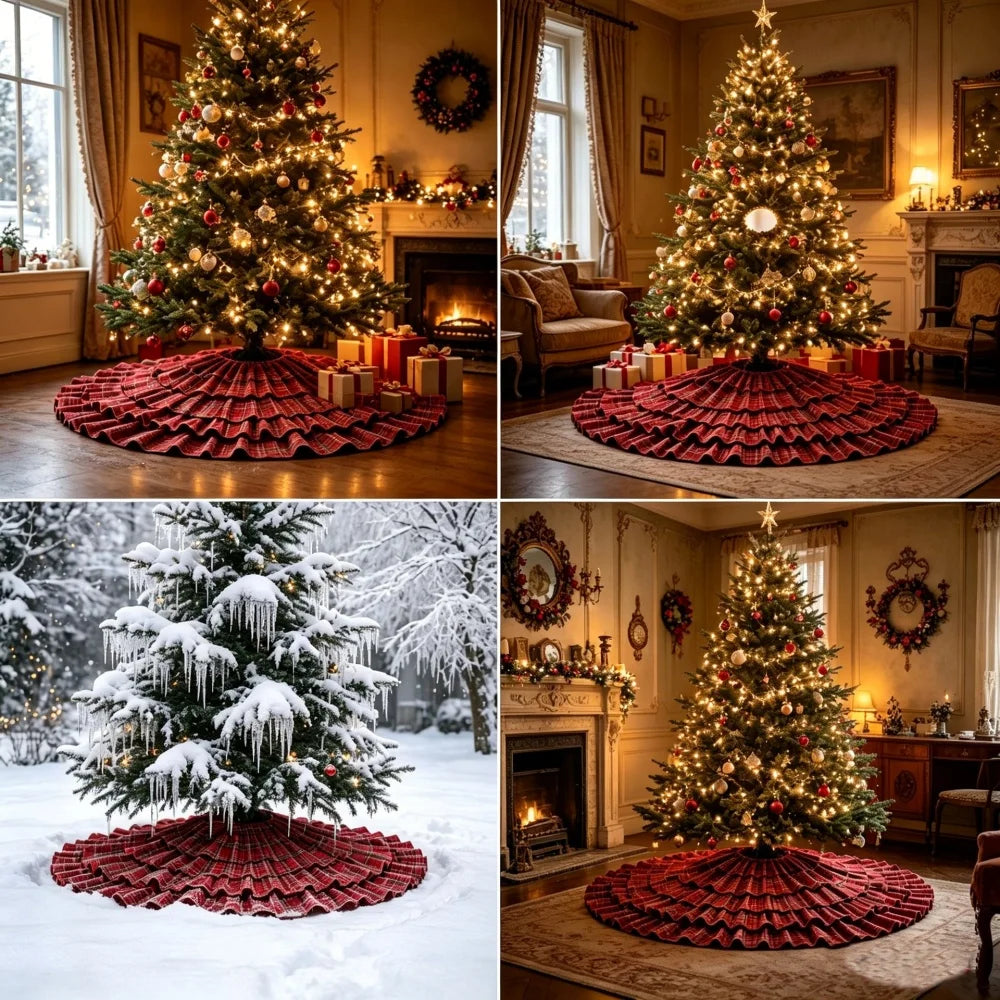 90cm Scottish Christmas Plaid Tree Skirt Ruffle Cake Style