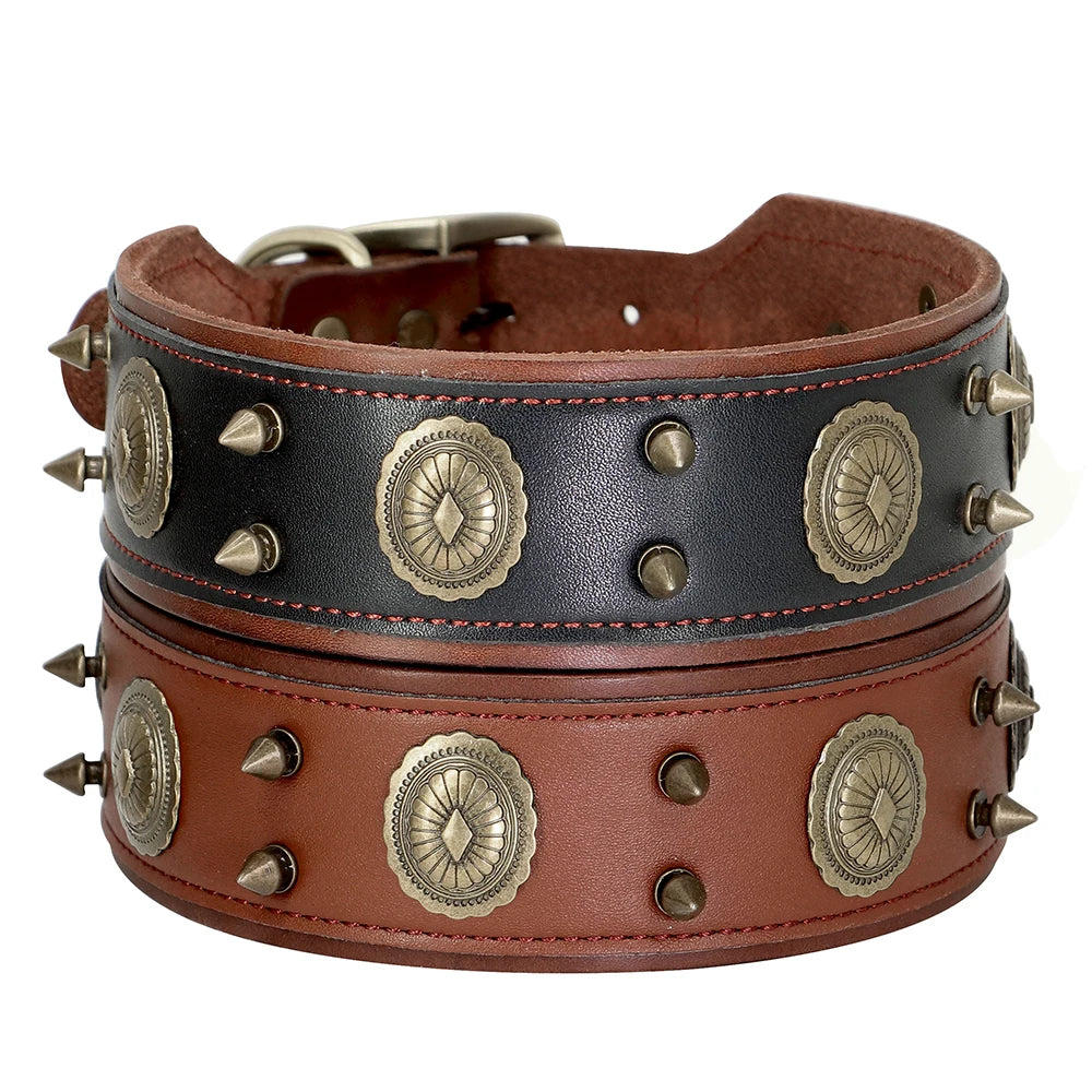 Genuine Leather Dog Collar 2inch Wide Rivets and Spikes Medieval Cosplay