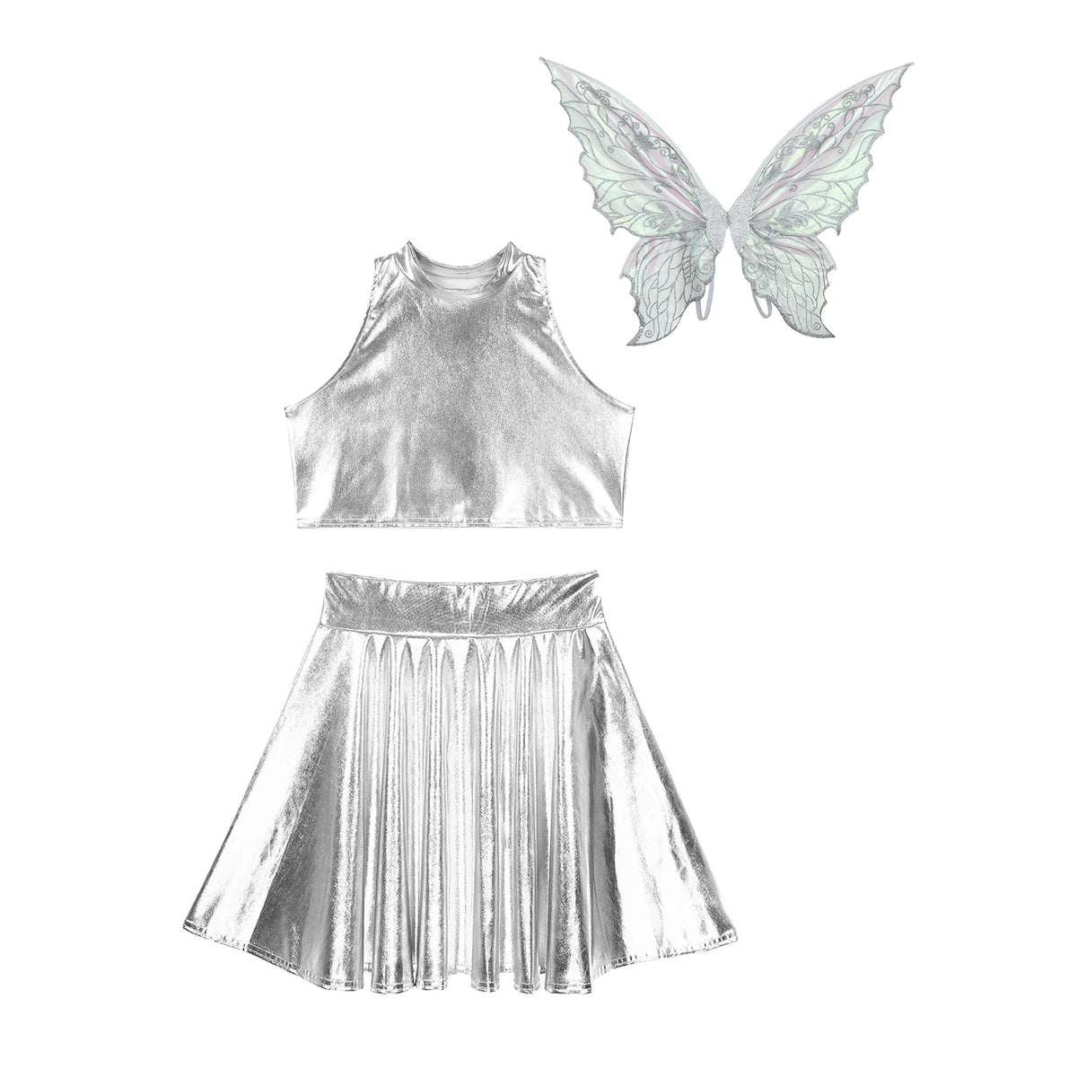 Festival Fairy Cosplay Costume Sleeveless Crop Top, High Waist Flared Skirt And Butterfly Wings Set