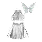 Festival Fairy Cosplay Costume Sleeveless Crop Top, High Waist Flared Skirt And Butterfly Wings Set