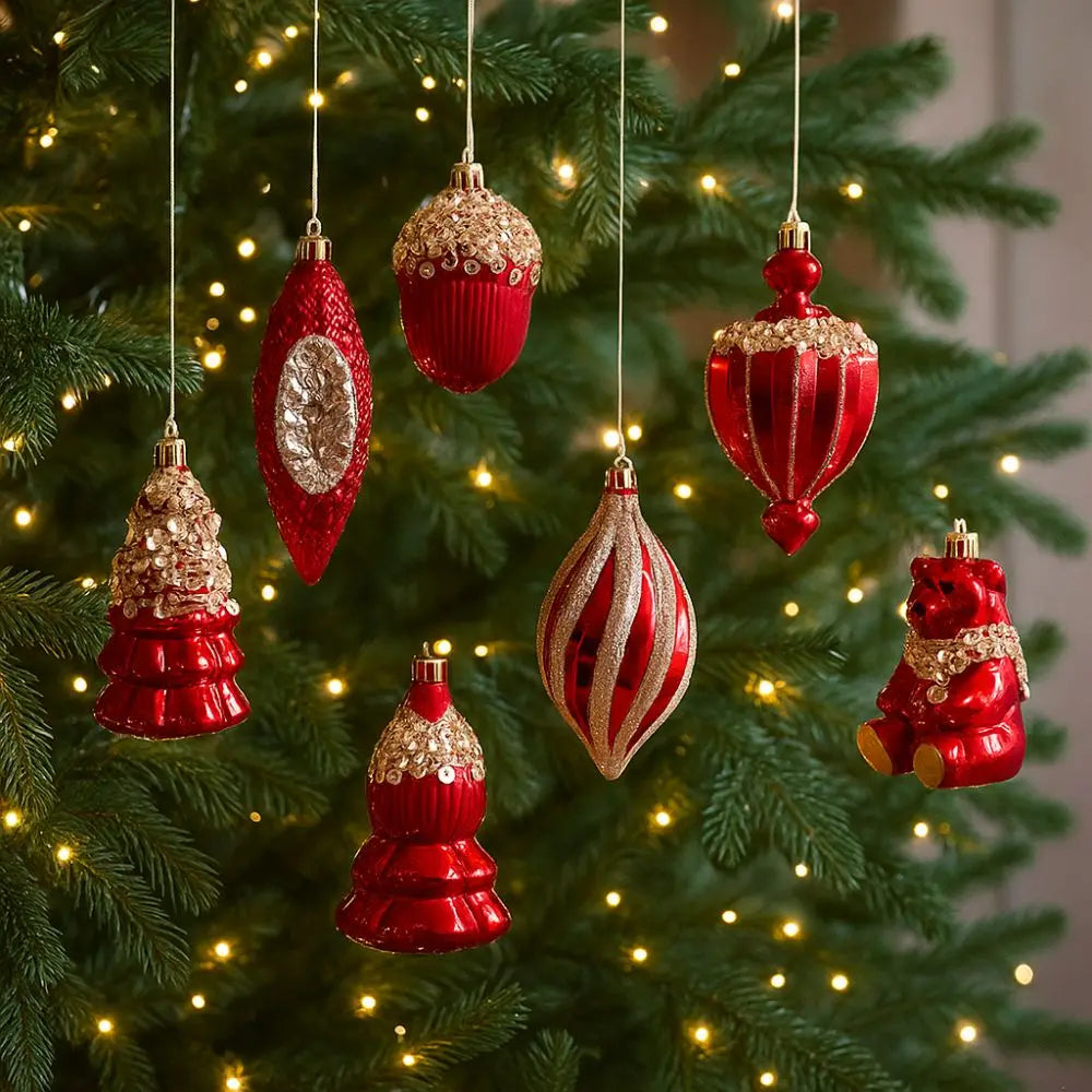 Red Christmas Tree Ornaments Shatterproof Plastic Glitter Little Bear Balls Acorn