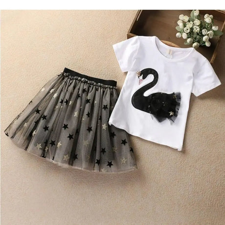 Swan T-Shirt+Sequin Skirts 2Pcs Baby Girls Clothing Sets Cotton Outfits