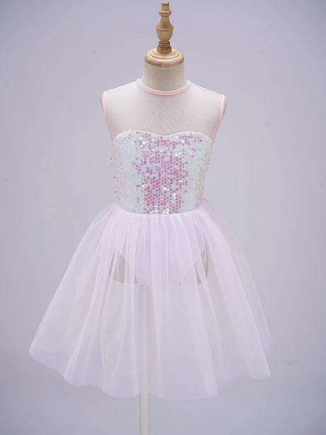 Girls Ballet Gymnastics Figure Ice Skating Sequin Leotard Tutu Dress Performance Dancewear