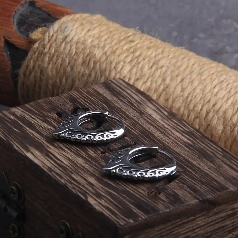 Viking V Tendrils Stainless Steel Huggie Hoop Earrings for Men with Wooden Box