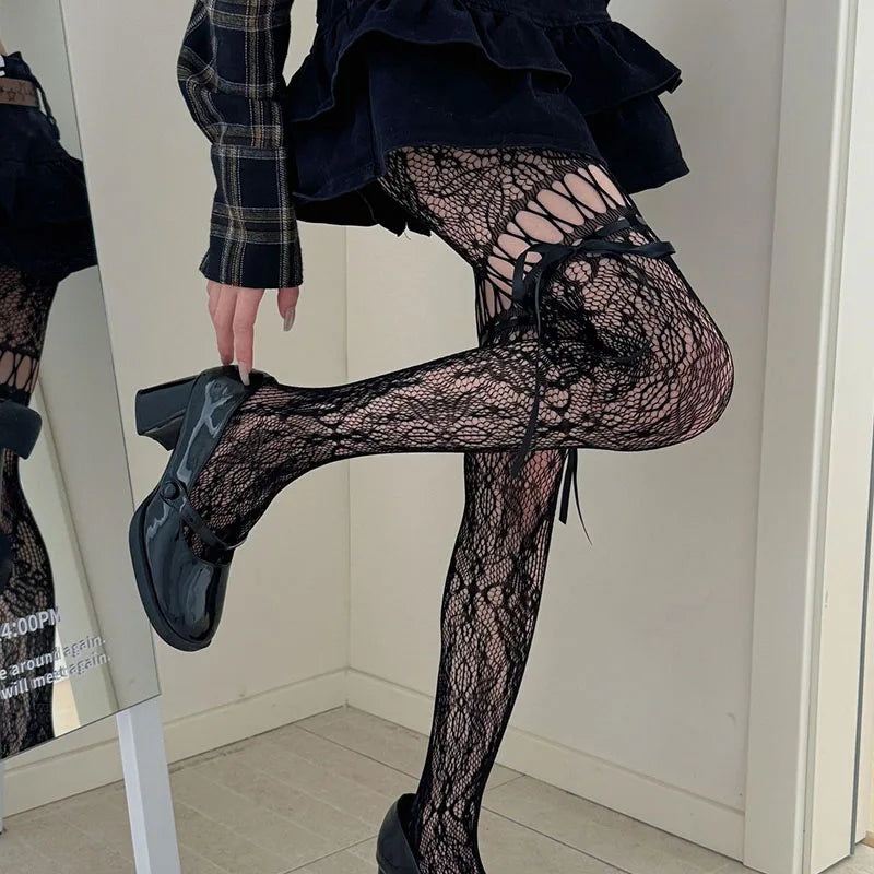 Lace Bow Tie Fishnet Stockings Flower Pantyhose Tights