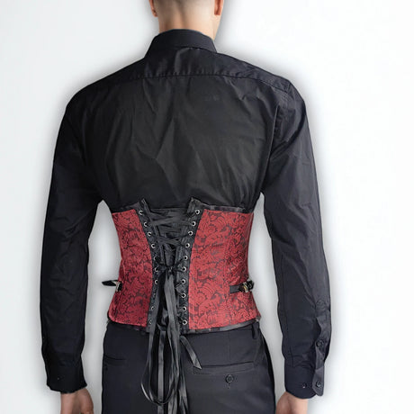 Men's Red Black Waist Boned Corset Lace Up Burlesque Performance Stage Costume Circus