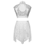 Sequins Ballet Dance Set Girls Crop Top Skirted Shorts Stage Dance Costumes