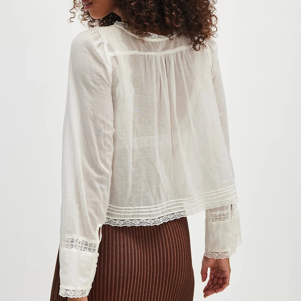 Y2K Boho Long Sleeve Lace Patchwork Button-down Tops 100% Cotton