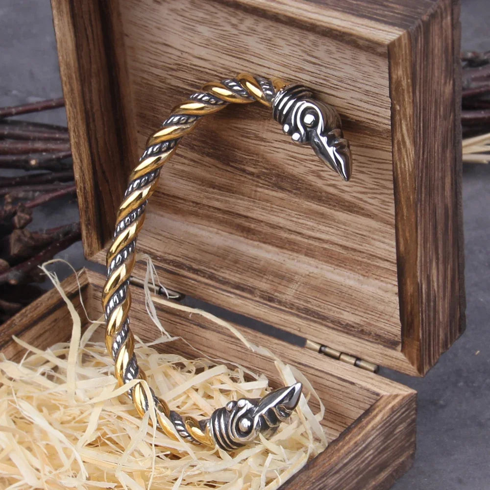 Stainless Steel Nordic Viking Norse Raven Cuff Bangle Mens Gift with Wooden Box