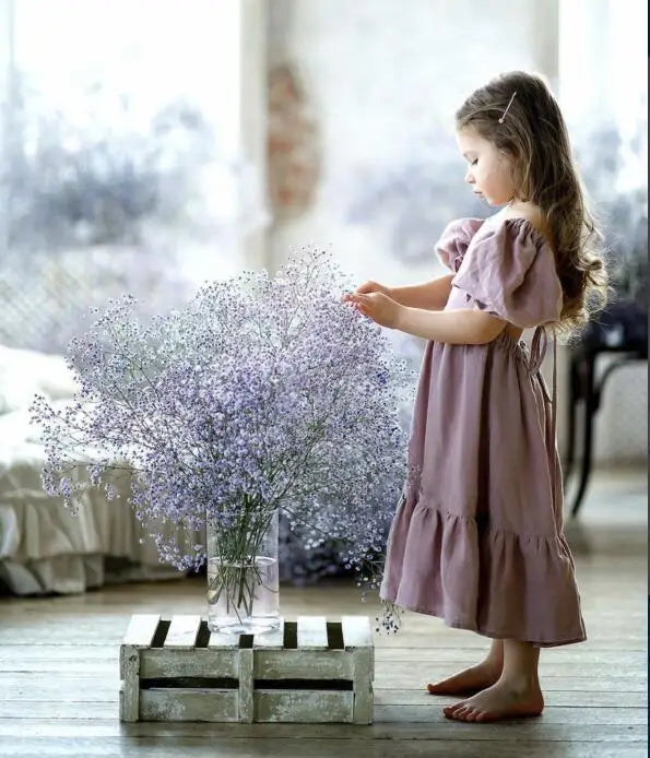 Girls Cotton and Hemp Bubble Sleeve Princess Dress