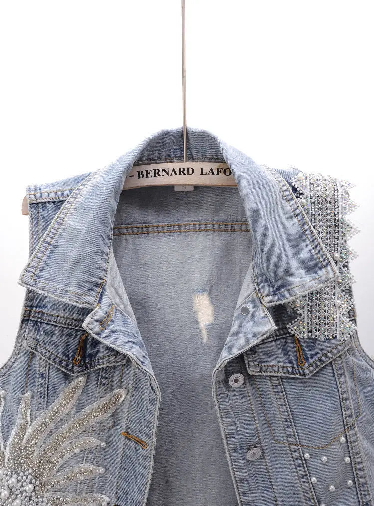 Lace Beaded Denim Vest