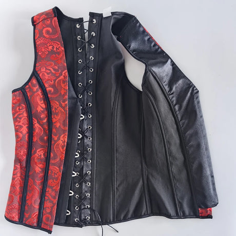 Men's Red Jacquard Boned Waistcoat Corset Vest Lace Up Burlesque Performance Stage Costume